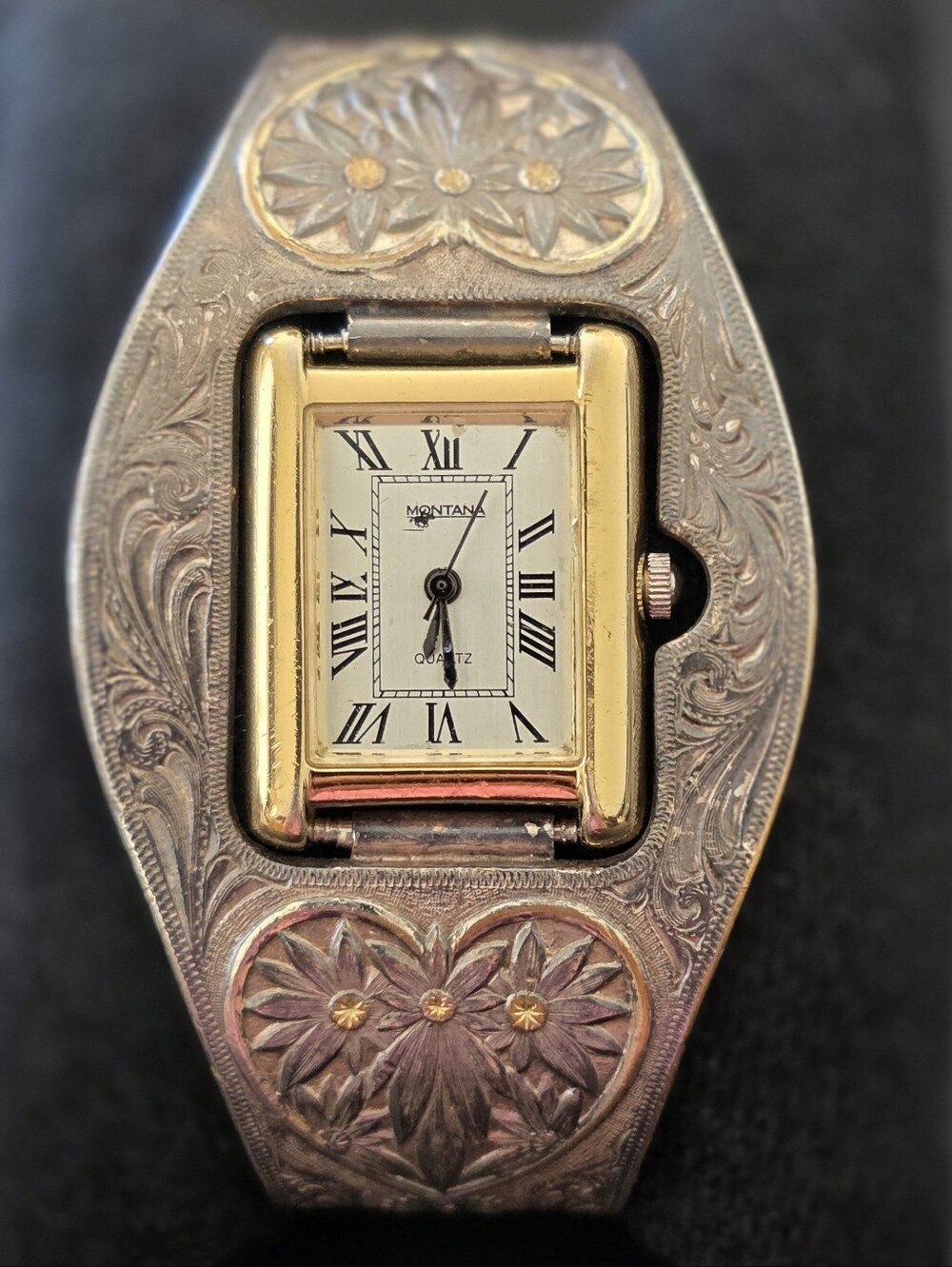 Montana Silversmiths Two Toned Heart Engraved Cuff Roman Numeral Watch WORKS